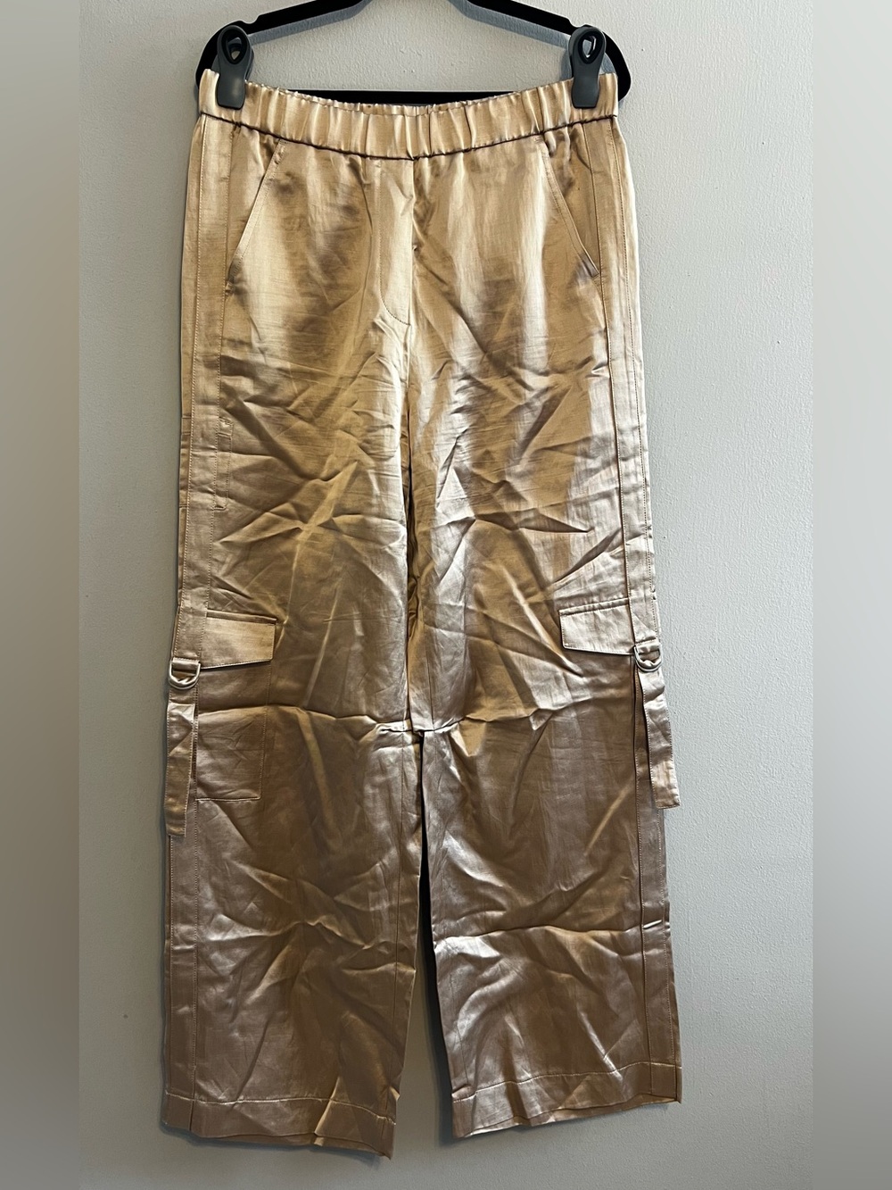Luisa Cerano Cashew Gold Metallic Satin Cargo Pants Wide Leg